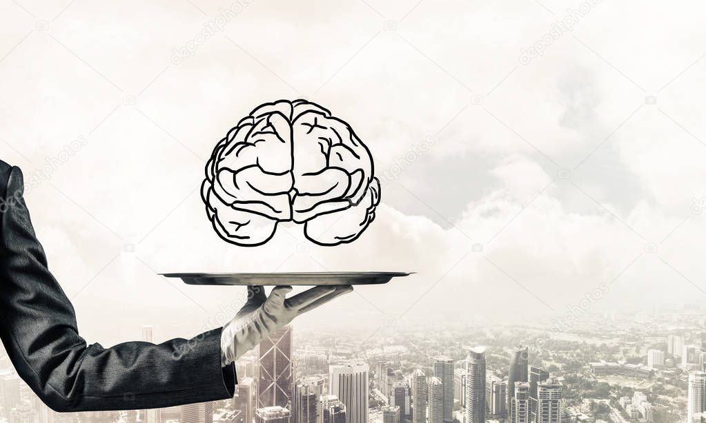 Cropped image of waitress's hand in white glove presenting sketched brains on metal tray with cityscape view on background. 3D rendering.