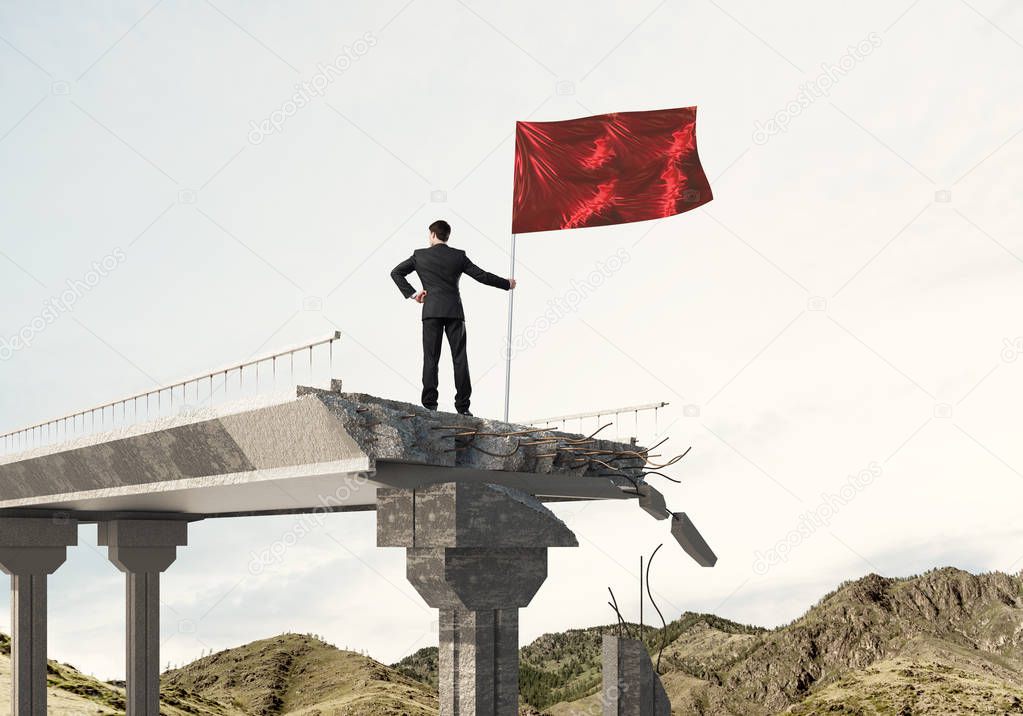 Rear view of confident businessman in suit holding flag in hand while standing on broken bridge with cloudly skyscape and nature view on background. 3D rendering.