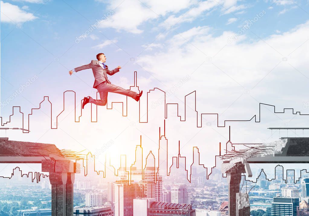 Businessman jumping over gap in concrete bridge as symbol of overcoming challenges. Sunlight and cityscape on background. 3D rendering.
