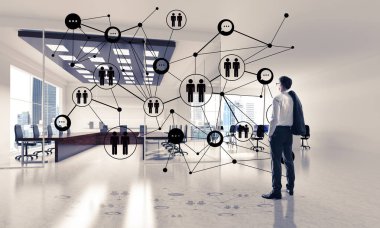 3D ofis içi ve sosyal bağlantı kavramındaki zarif iş adamı. Karışık ortam