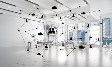 Noktalarla bağlantılı çizgiler ofis içi sosyal iletişim konsepti olarak. 3B görüntüleme