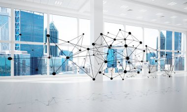 Noktalarla bağlantılı çizgiler ofis içi sosyal iletişim konsepti olarak. 3B görüntüleme