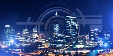 Gece parlayan şehre karşı sanal arayüzü olan arkaplan kavramsal görüntüsü