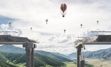 Balonlar arasında yüksek dağlar ve Clear gökyüzü arka plan üzerinde uçan ile kırık beton köprü. 3D render.