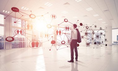 3D ofis içi ve sosyal bağlantı kavramındaki zarif iş adamı. Karışık ortam