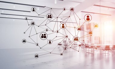 Noktalarla bağlantılı çizgiler ofis içi sosyal iletişim konsepti olarak. 3B görüntüleme