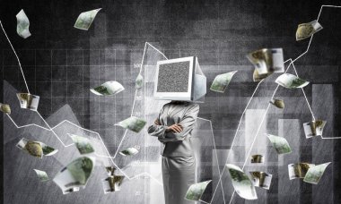Uçan euro banknot ve analitik grafikler duvar arka plan üzerinde çizilmiş karşı dururken iş kadını kıyafetli kafa silah tutmak yerine İzleyicisi ile geçti. 3D render.