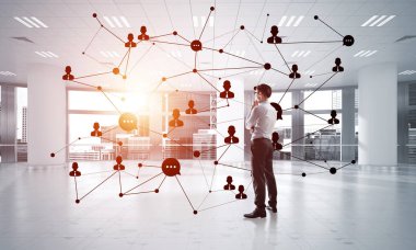 3D ofis içi ve sosyal bağlantı kavramındaki zarif iş adamı. Karışık ortam