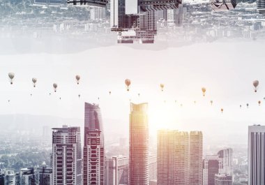 İki modern kentsel dünya baş aşağı birbirine aerostats gökyüzü arka plan üzerinde uçan ile bulunan soyut görüntüsü. Duvar kağıdı, zemin ile boşaltmak.