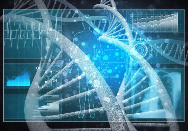 Medya tıp arka plan görüntüsü olarak Dna araştırma kavramı. 3D render.