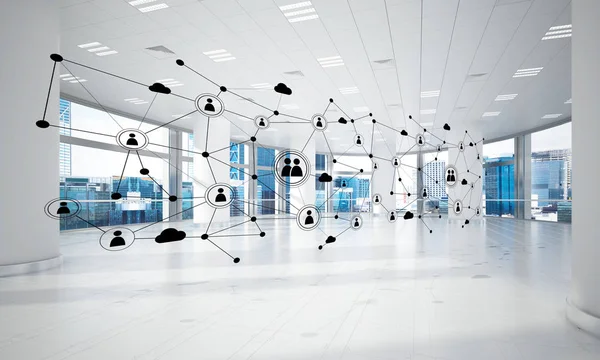 Lines connected with dots as social communication concept in office interior. 3D rendering