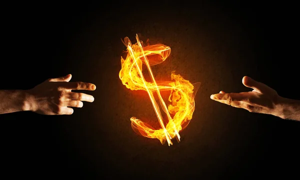 Close Businessman Hands Pointing Fire Glowing Dollar Sign — Stock Photo, Image