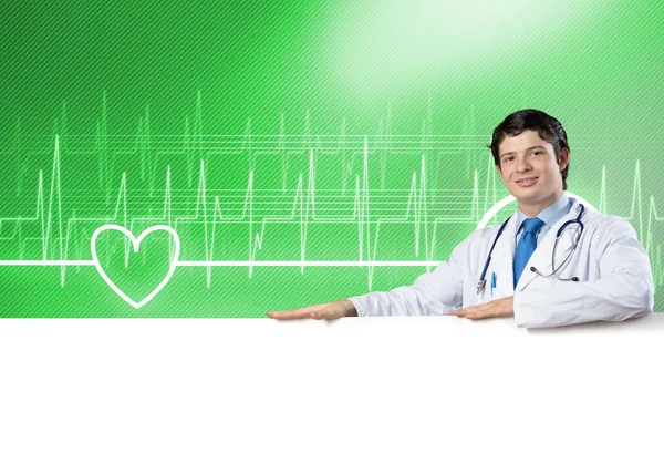 Young Handsome Doctor Holding White Blank Banner Place Your Text — Stock Photo, Image