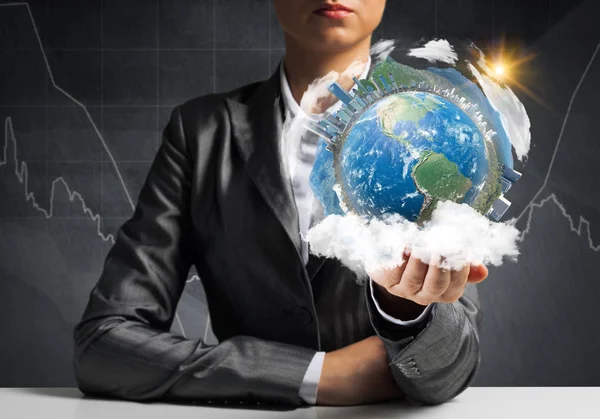 Closeup Businessman Suit Keeping Hands Earth Globe Buildings Business Sketches — Stock Photo, Image