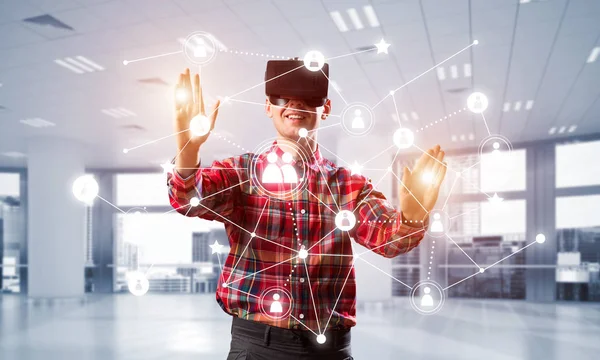 Young Man Virtual Reality Headset Glasses Social Connection Background Mixed — Stock Photo, Image