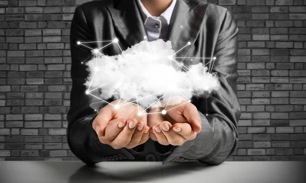 Businessman Suit Keeping Cloud Network Connections Hands Gray Brick Wall — Stock Photo, Image