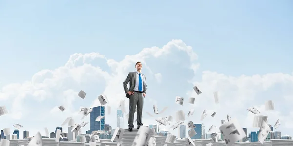 Confident Businessman Suit Standing Pile Documents Flying Papers Cloudly Sky — Stock Photo, Image