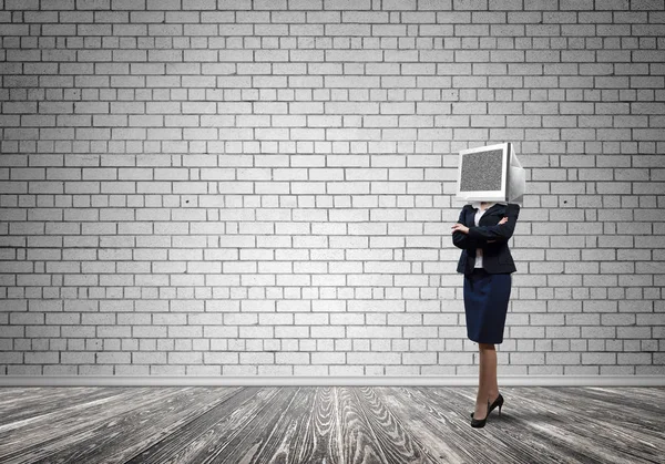 Business Woman Suit Monitor Instead Head Keeping Arms Crossed While — Stock Photo, Image