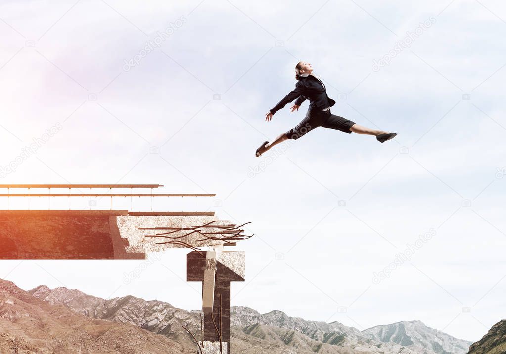 Business woman jumping over huge gap in concrete bridge as symbol of overcoming challenges. Skyscape and nature view on background. 3D rendering.