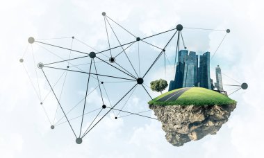 Gökyüzünde yükselen çimen ve şehir manzaralı güzel küçük bir ada.