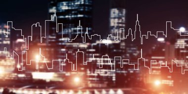 Parlayan ışıklar ve onun çizilmiş silueti ile Modern gece city scape