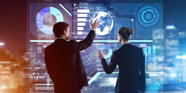 Two Business People Standing Back Working Together Virtual Screen — Stock Photo, Image