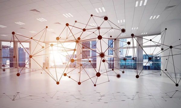 Lines connected with dots as social communication concept in office interior. 3D rendering