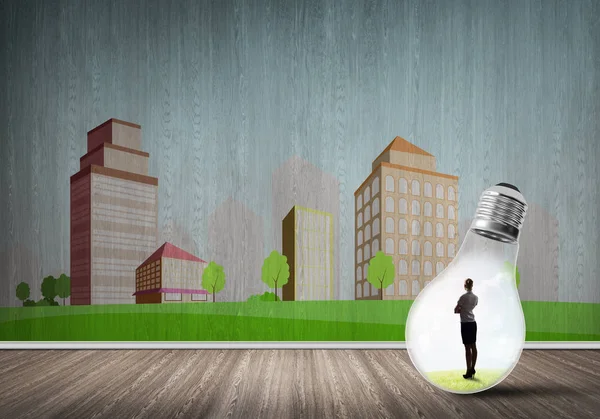 Businesswoman Light Bulb City Drawn Concept — Stock Photo, Image