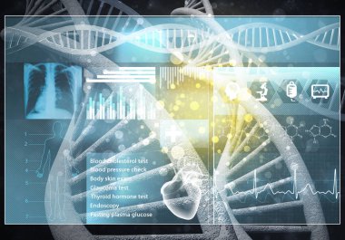 Medya tıp arka plan görüntüsü olarak Dna araştırma kavramı. 3D render.