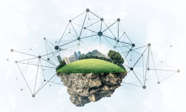 Gökyüzünde yükselen çimen ve şehir manzaralı güzel küçük bir ada.