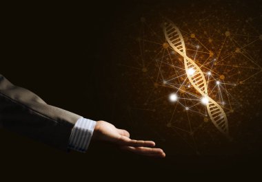 Dna molekülü araştırma kavram olarak sunulması iş adamı el kapatın. Karışık teknik