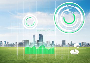 Ekranda medya simgelerine ve arka planda iş şehrine sahip modern teknolojiler kavramı