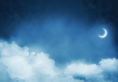 Yeni ay ile gece karanlık bulutlu gökyüzü panoramik manzaralı. Duvar kağıdı veya zemin ile boşaltmak.