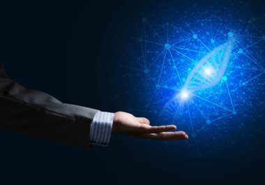 Dna molekülü araştırma kavram olarak sunulması iş adamı el kapatın. Karışık teknik