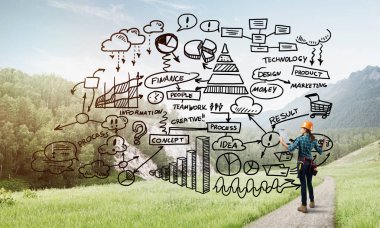 Açık havada mühendis kadının arka planı ve ekrana konsept çizimi