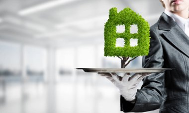 Beyaz eldiven ev işareti şeklinde yeşil bitki arka plan üzerinde office manzaralı metal tepside sunulması elinde garsonun closeup.