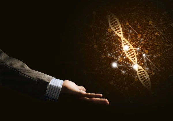 Close Businessman Hand Presenting Dna Molecule Research Concept Mixed Media — Stock Photo, Image