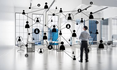 3D ofis içi ve sosyal bağlantı kavramındaki zarif iş adamı. Karışık ortam