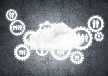 Çarklı arkaplan resmi ve beton duvarda bulut hesaplama bağlantısı kavramı