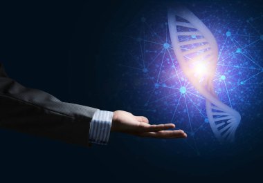 Dna molekülü araştırma kavram olarak sunulması iş adamı el kapatın. Karışık teknik