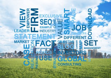 Şehir planında anahtar sözcükler kolajına sahip modern iş kavramı