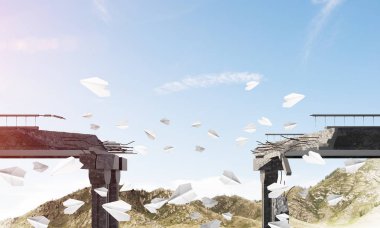 Yüksek dağlar ve Clear gökyüzü arasında uçan kağıt uçaklar ile beton köprü arka plan üzerinde kırık. 3D render.