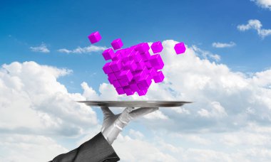 Cropped image of waiter's hand in white glove presenting multiple cubes on metal tray with cloudy skyscape on background. 3D rendering. clipart