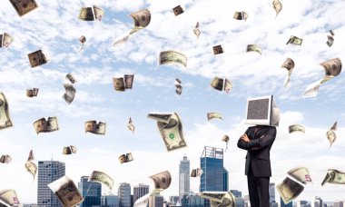 İş yerine dolar cityscape Oda arka plan üzerinde uçan arasında ayakta açık havada süre geçti silah tutmak kafa İzleyicisi ile takım elbiseli adamı resim kırpılmış.