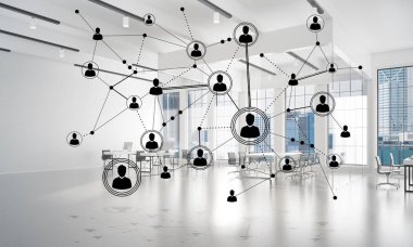 Noktalarla bağlantılı çizgiler ofis içi sosyal iletişim konsepti olarak. 3B görüntüleme