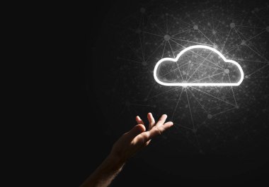 Karanlık arkaplanda kablosuz bağlantının sembolü olarak dijital bulut simgesi