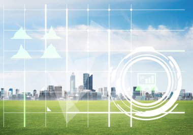 Ekranda medya simgelerine ve arka planda iş şehrine sahip modern teknolojiler kavramı