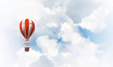 Renkli aerostat üzerinde mavi bulutlu gökyüzü uçan. 3D render.