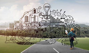 Açık havada mühendis kadının arka planı ve ekrana konsept çizimi