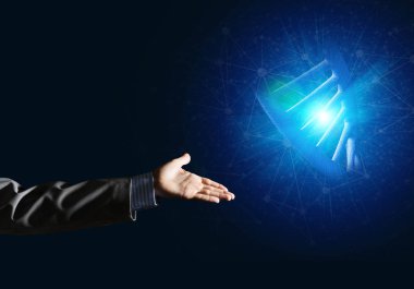 Dna molekülü araştırma kavram olarak sunulması iş adamı el kapatın. Karışık teknik